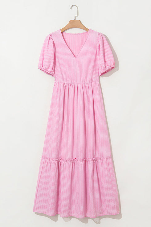 Pink Stripe V Neck Puff Short Sleeve Maxi Dress